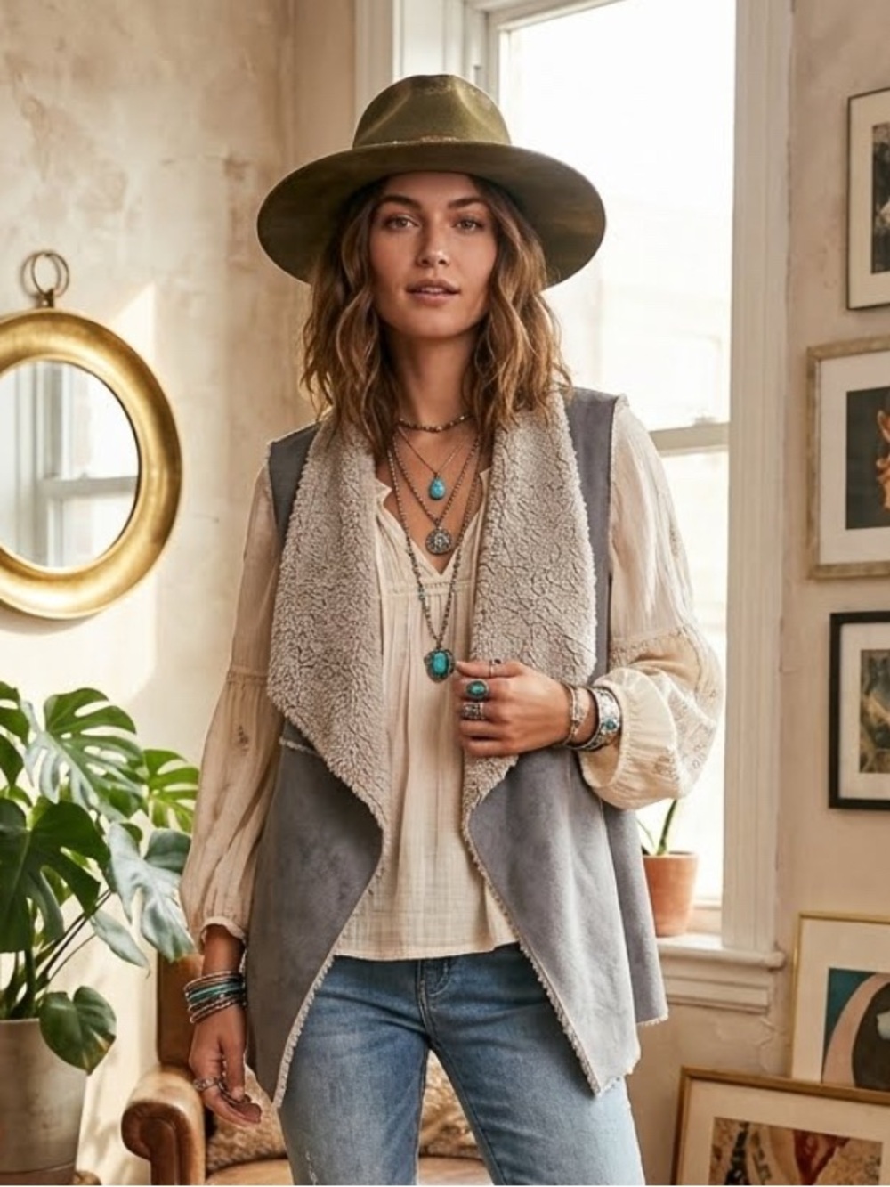 dylan Gray Faux Suede Draped Sherpa Vest Boho Cozy Layering Winter Size Small